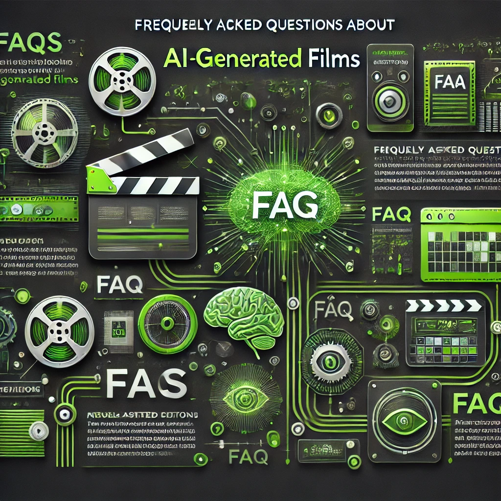 DALL·E 2025 01 17 14.10.27 A Visually Engaging Infographic Style Image Featuring Frequently Asked Questions (Faqs) About AI Generated Films, Redesigned With A Green And Black Co